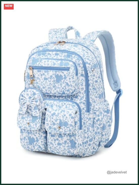 Corduroy School Backpack with Removable Bow Pouch Padded Straps main image 4